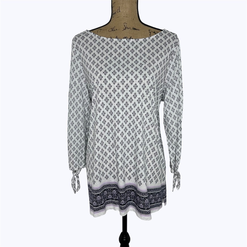 Liz Claiborne Tunic Top Floral Border Print‎ Tie Sleeve Cotton Casual Sz 1X